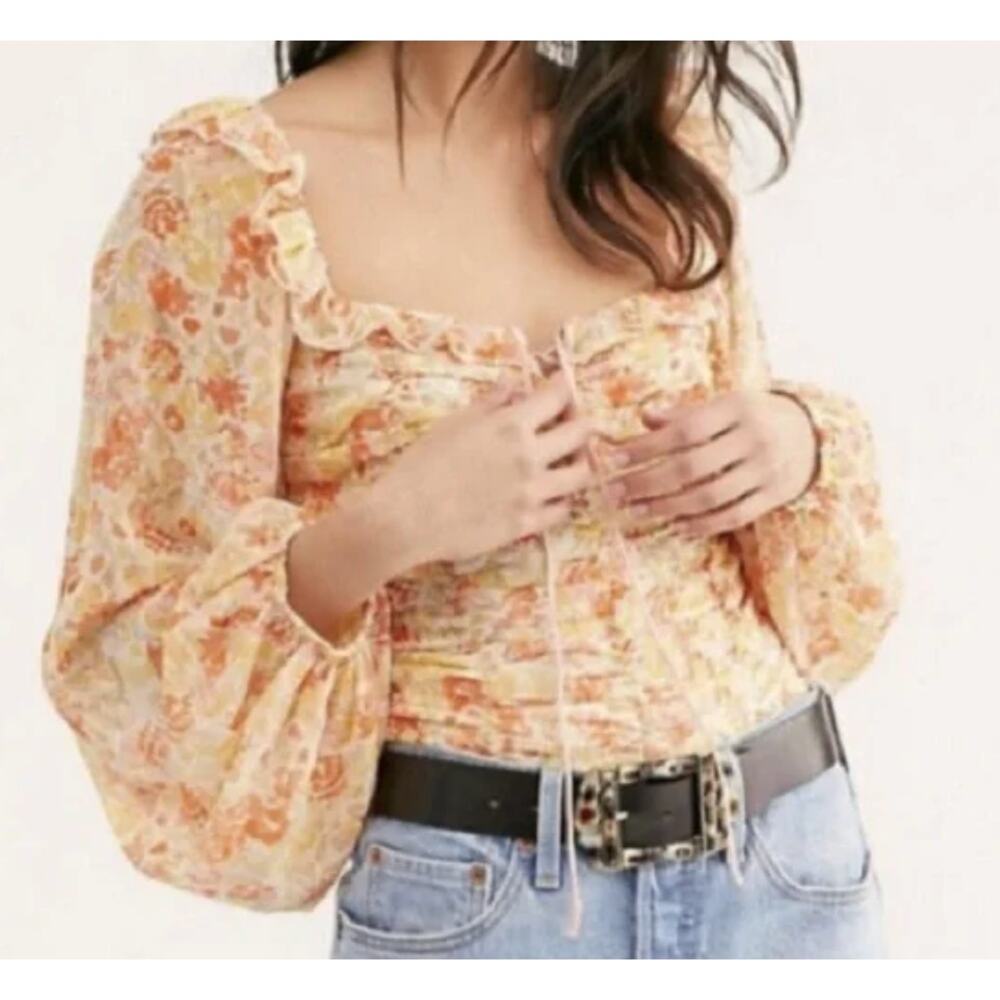 Free People Womens Mabel Blouse Long Sleeve Boho Floral Ruched Cottagecore Large